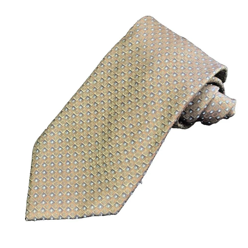 Vtg Y2K Pronto Uomo Handmade Silk Neck Tie Mens Textured Brown Blue Square Tech